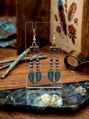 Gold-Tone Teal Leaf Drop Earrings - Boho Women Jewelry